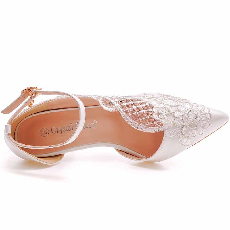 White lace Ankle Strap High Heel Sandals Bridal White Lace Wedding Shoes