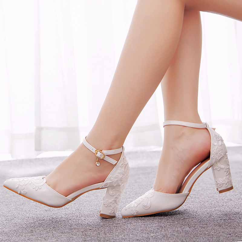 Low Block Heel Sandals Chunky Lace Bridal Shoes