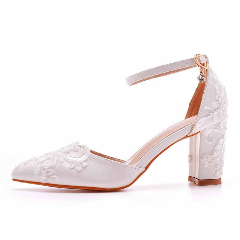 Low Block Heel Sandals Chunky Lace Bridal Shoes