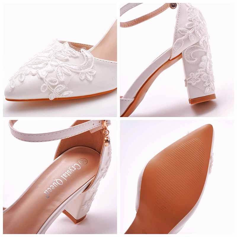 Low Block Heel Sandals Chunky Lace Bridal Shoes