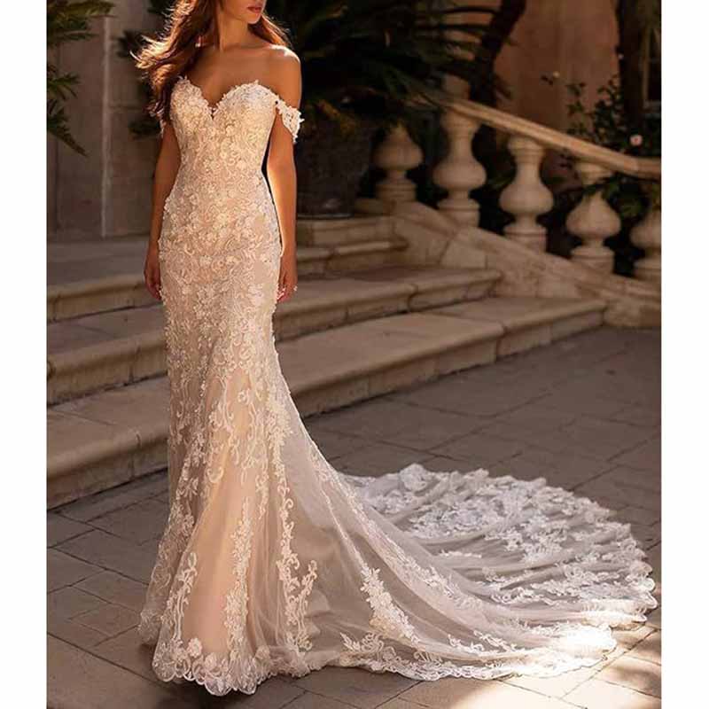 Off Shoulder Lace Mermaid Wedding Dress Bridal Party Gown