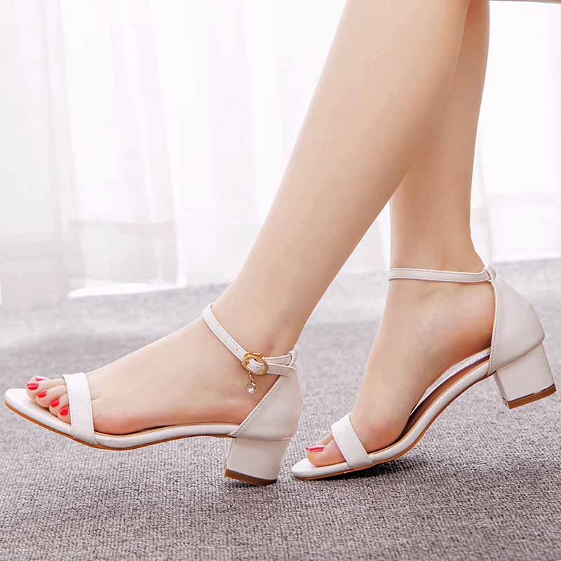 White Buckling Ankle Strap Closure Chunky Sandal Shoes 1.97" 2.76"