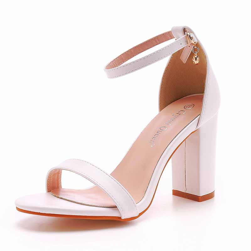 White Buckling Ankle Strap Closure Chunky Sandal Shoes 1.97" 2.76"