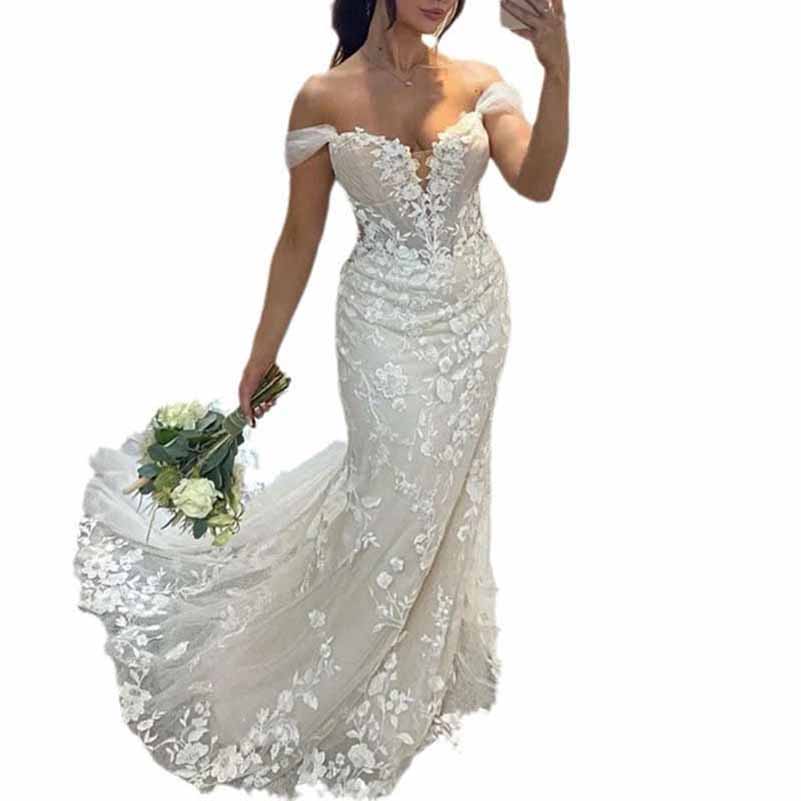 Off Shoulder Lace Mermaid Wedding Dresses Bridal Gown with Train