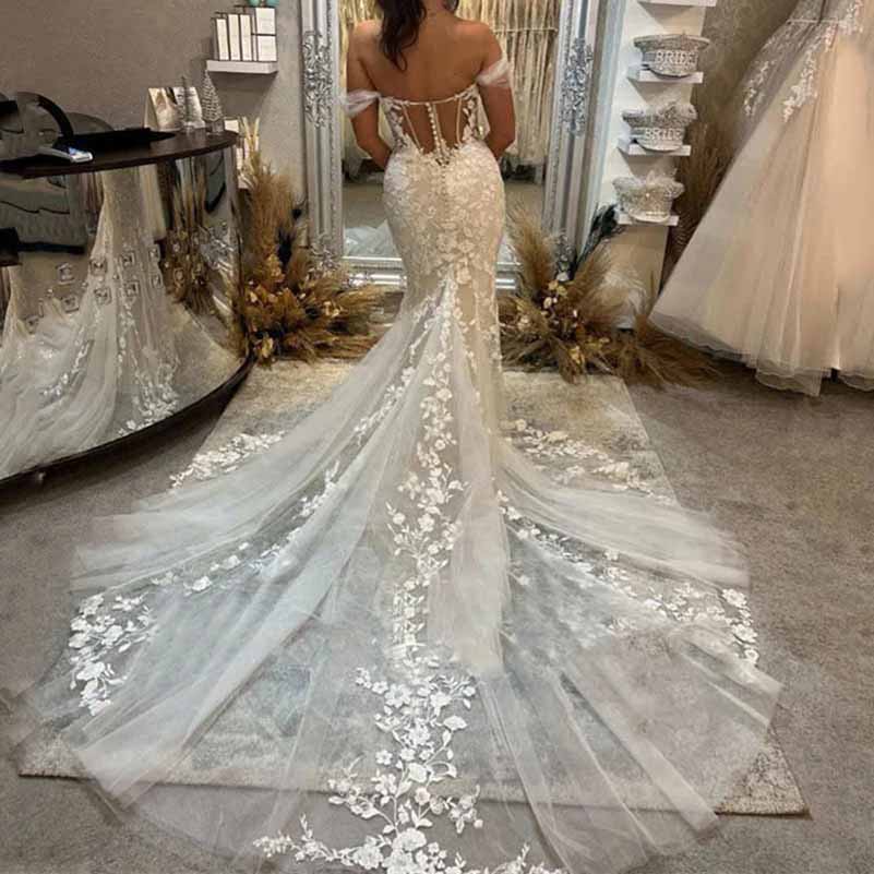 Off Shoulder Lace Mermaid Wedding Dresses Bridal Gown with Train