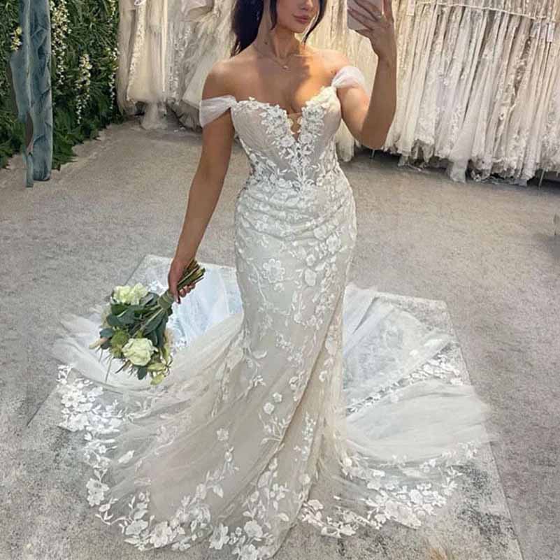 Off Shoulder Lace Mermaid Wedding Dresses Bridal Gown with Train