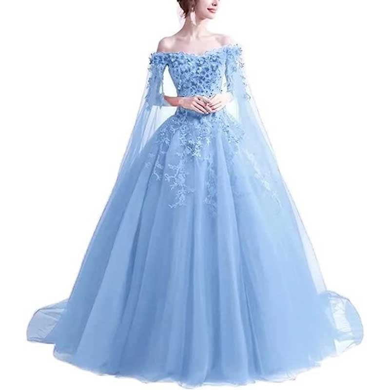 Off Shoulder Floral Lace Prom Wedding Ball Gown with Cape