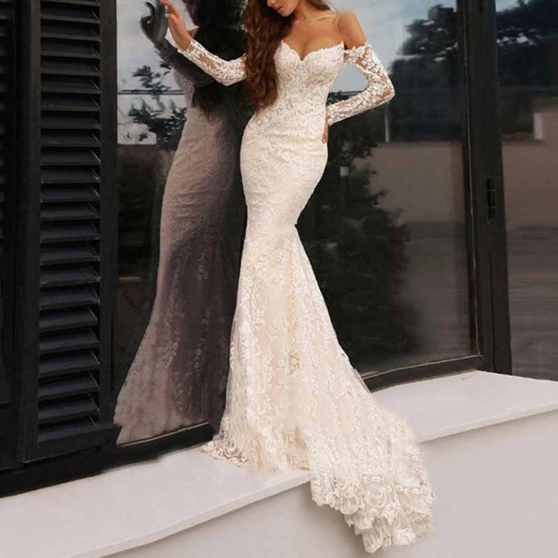 Off Shoulder Long Sleeve Lace Mermaid Wedding Dress Bridal Gown