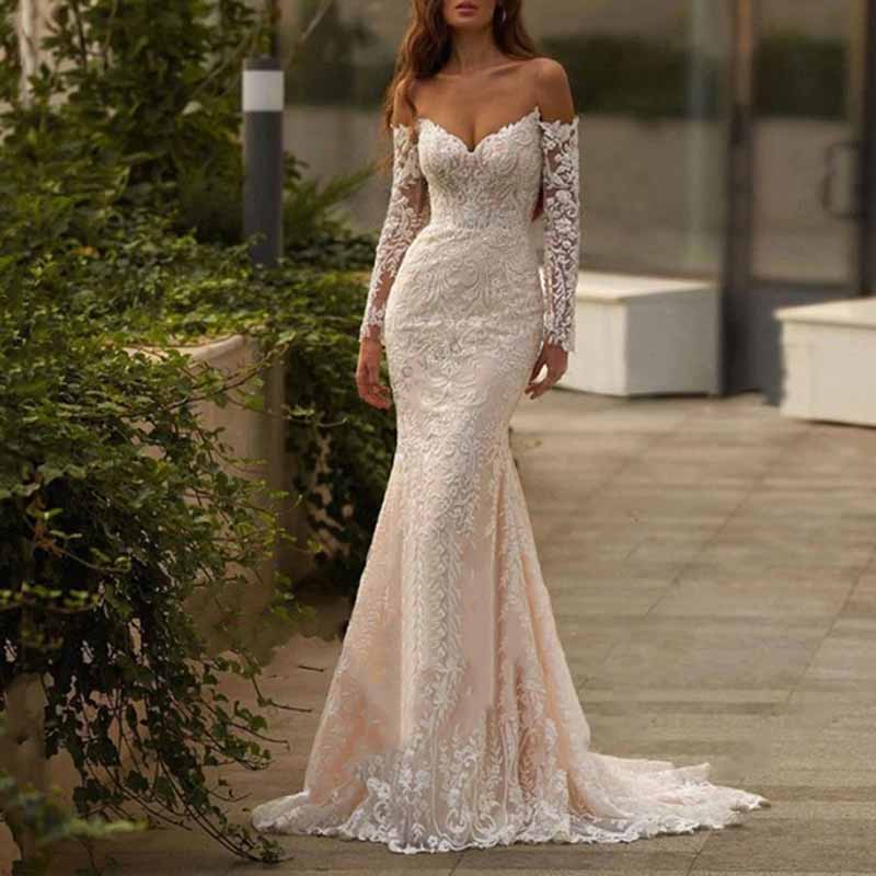 Off Shoulder Long Sleeve Lace Mermaid Wedding Dress Bridal Gown