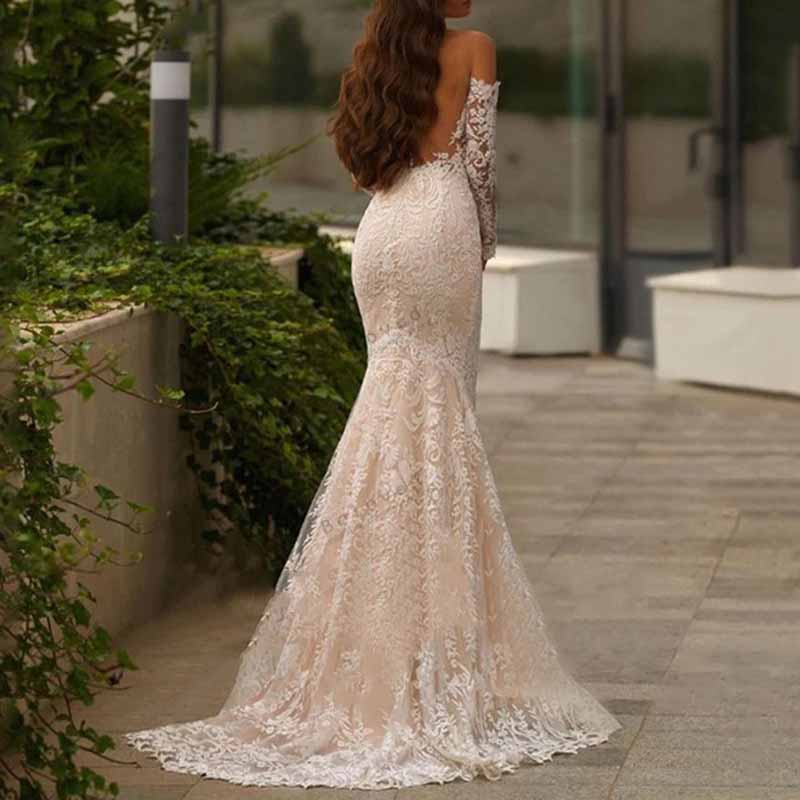 Off Shoulder Long Sleeve Lace Mermaid Wedding Dress Bridal Gown