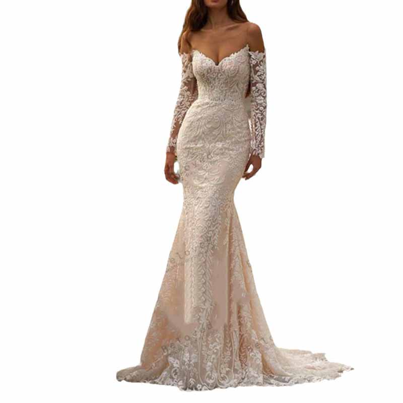 Off Shoulder Long Sleeve Lace Mermaid Wedding Dress Bridal Gown