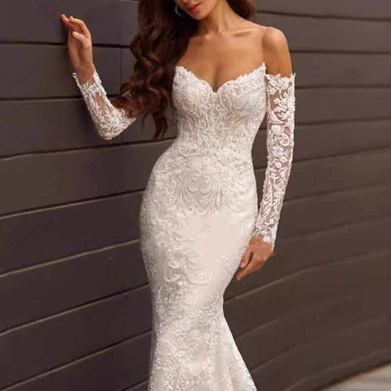 Off Shoulder Long Sleeve Lace Mermaid Wedding Dress Bridal Gown