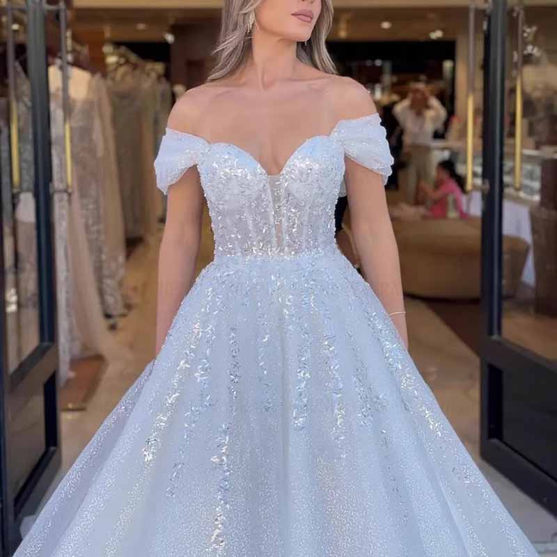 Floor Length Off Shoulder Tulle Wedding Dress For Bridal