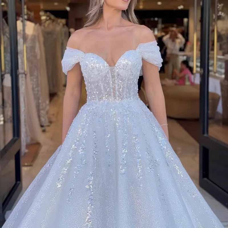Floor Length Off Shoulder Tulle Wedding Dress For Bridal