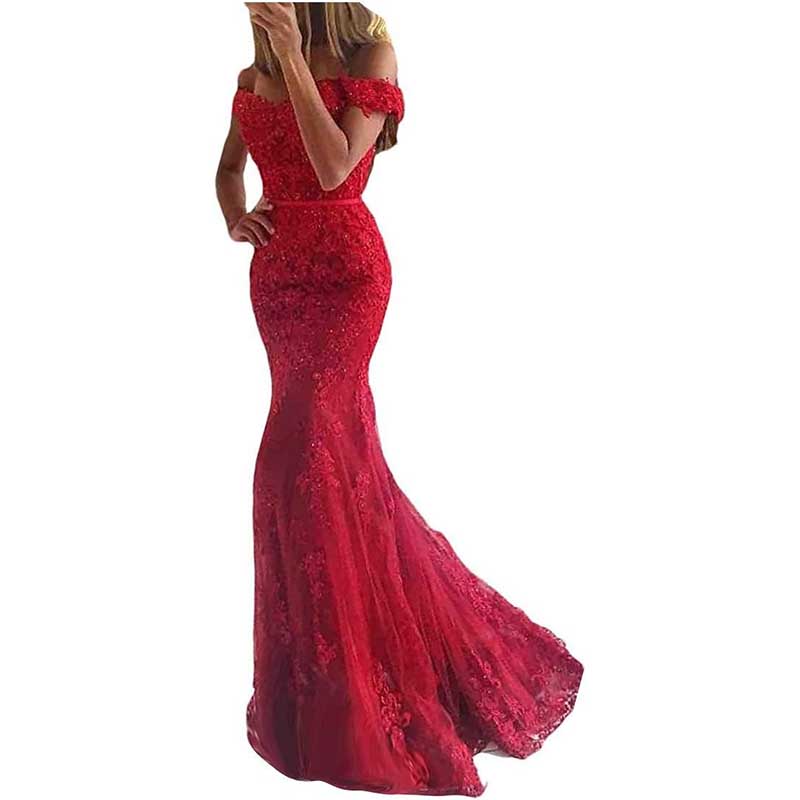 Off The Shoulder Lace Appliques Evening Dresses Mermaid Prom Gown