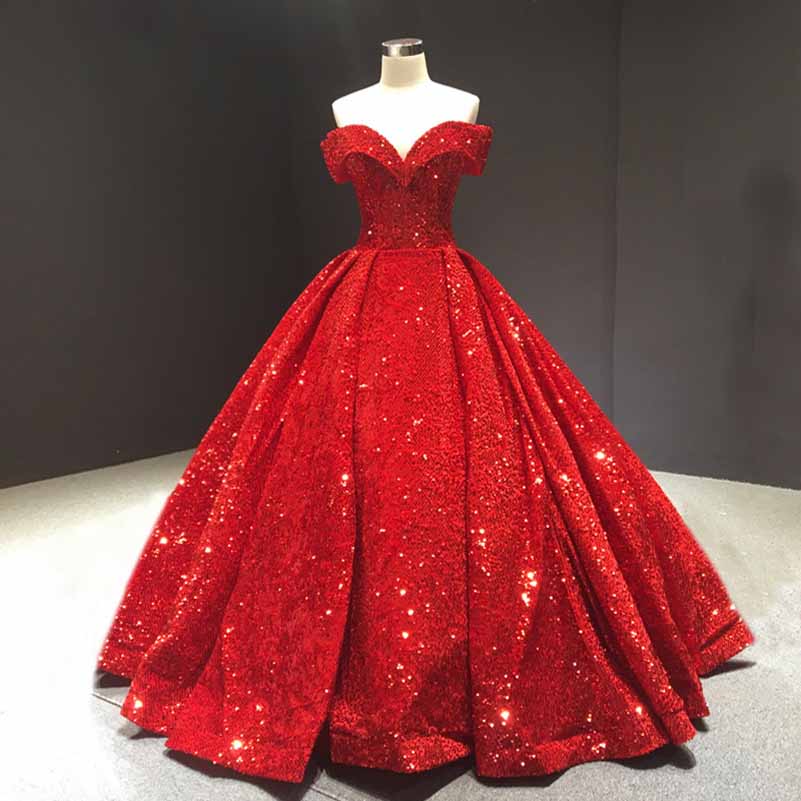 Off The Shoulder Sparkly Sequined Ball Gowns