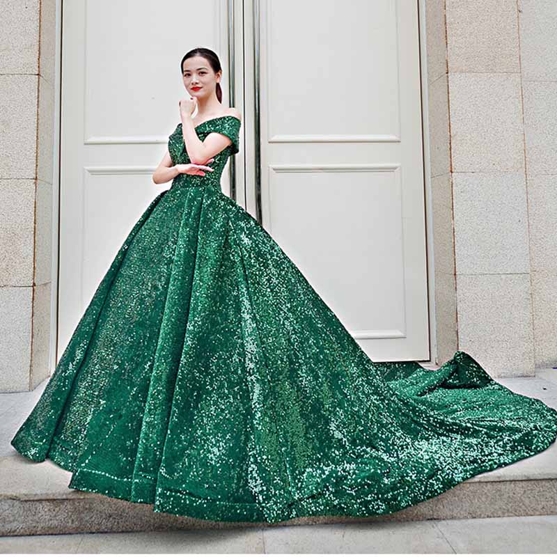 Off The Shoulder Sparkly Sequined Ball Gowns