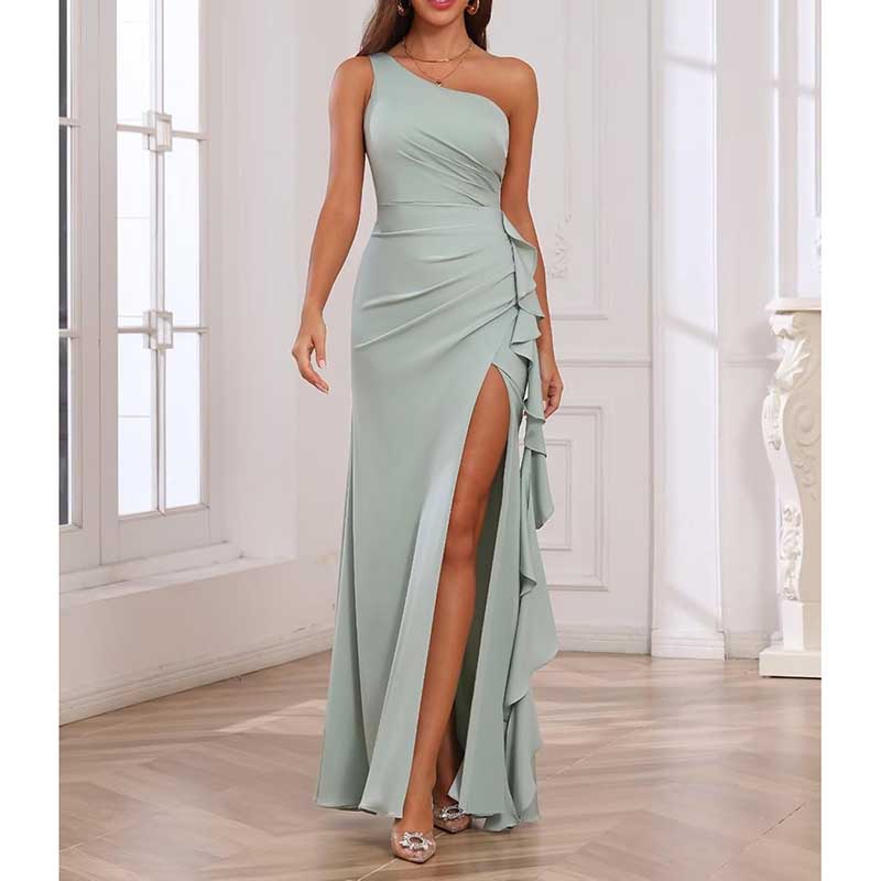 Single Shoulder Satin Bridesmaid Dress High Split Long Evening Dresses