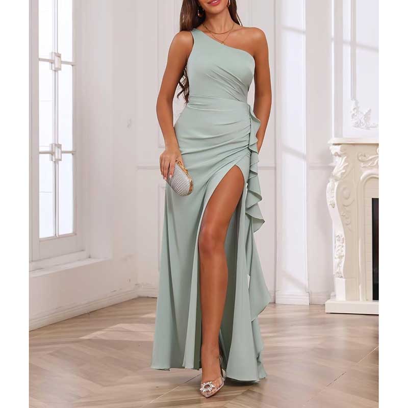 Single Shoulder Satin Bridesmaid Dress High Split Long Evening Dresses