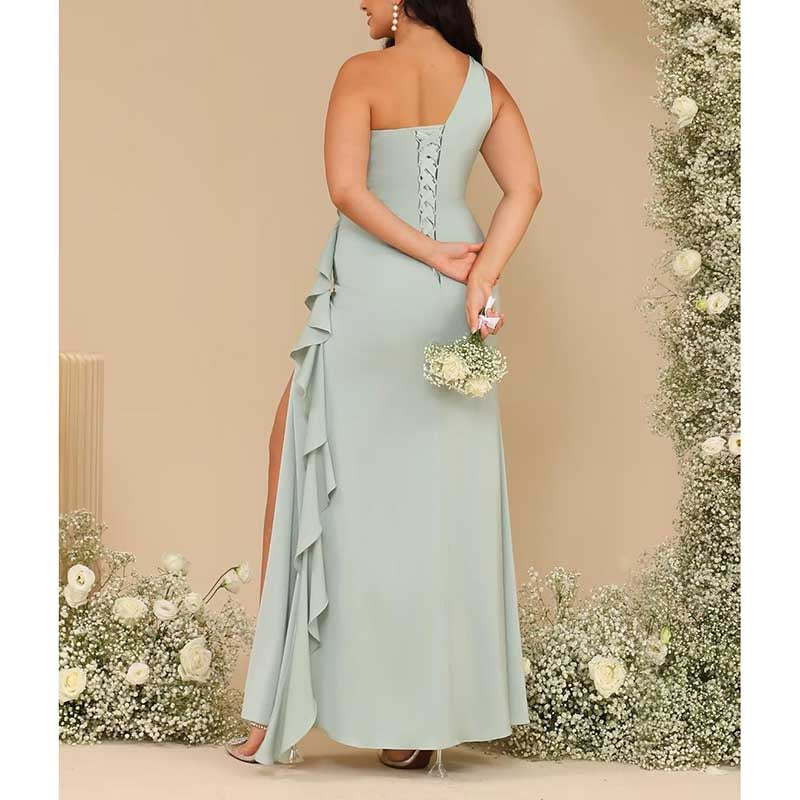 Single Shoulder Satin Bridesmaid Dress High Split Long Evening Dresses