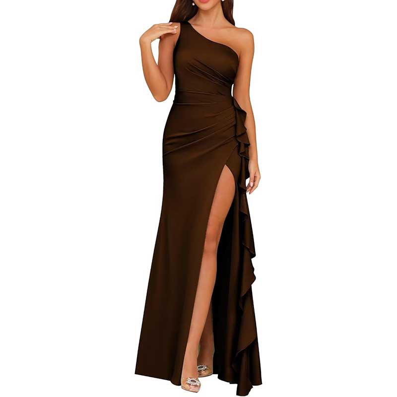 Single Shoulder Satin Bridesmaid Dress High Split Long Evening Dresses