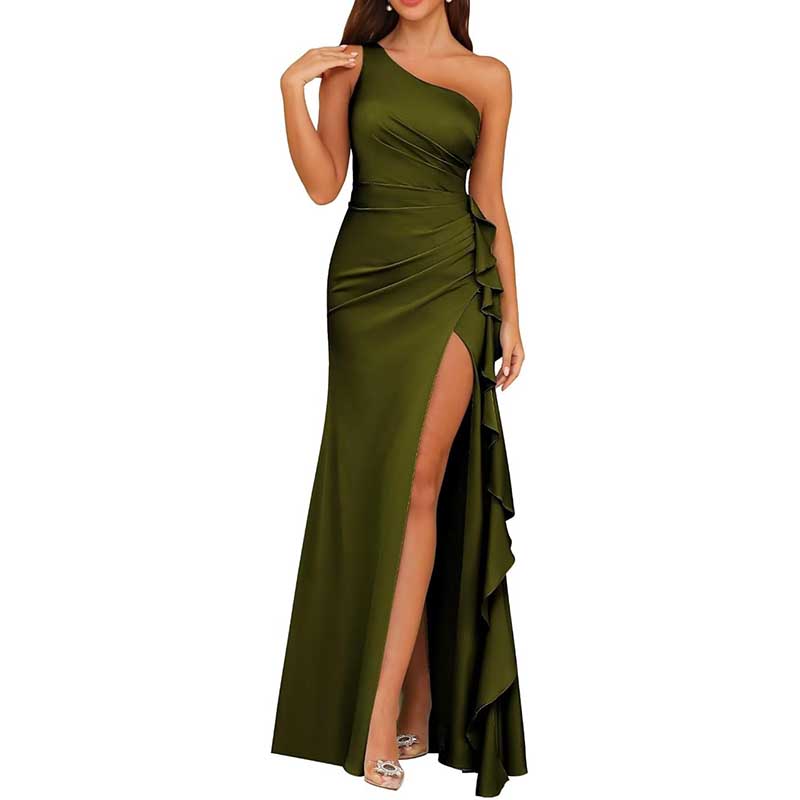 Single Shoulder Satin Bridesmaid Dress High Split Long Evening Dresses