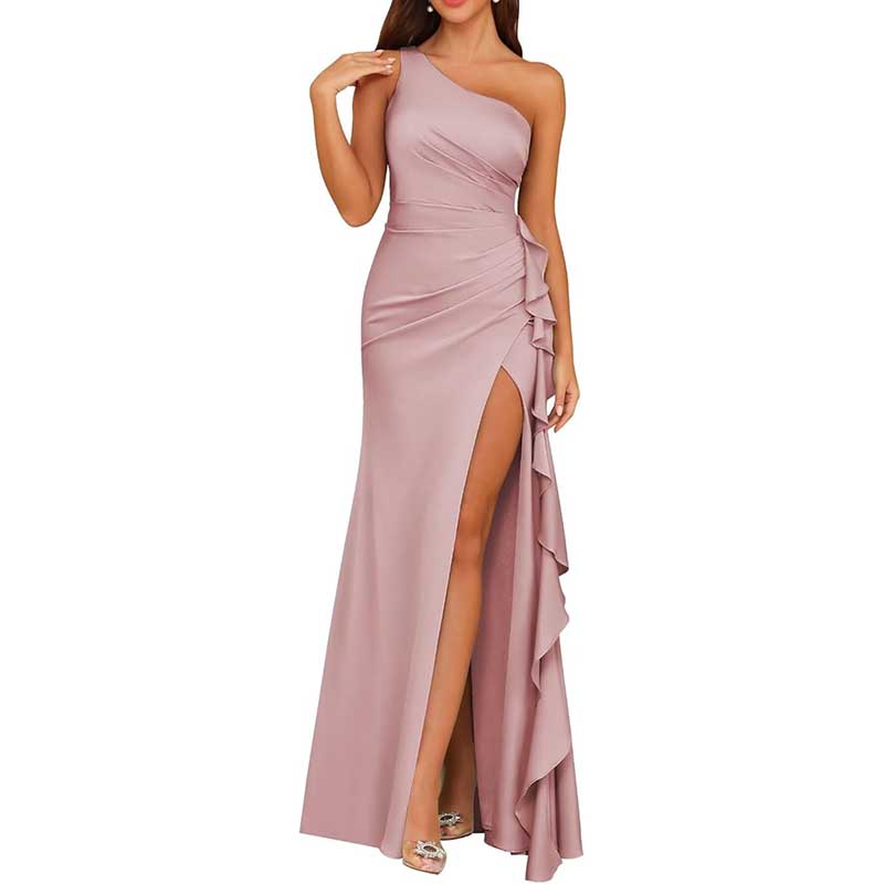 Single Shoulder Satin Bridesmaid Dress High Split Long Evening Dresses