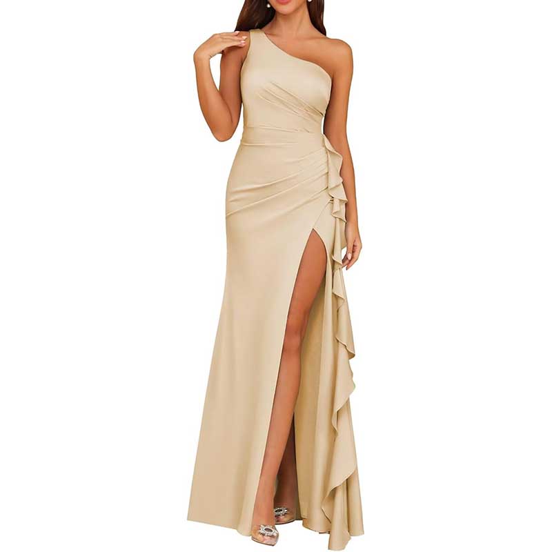Single Shoulder Satin Bridesmaid Dress High Split Long Evening Dresses