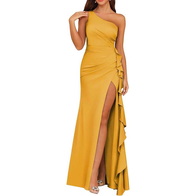 Single Shoulder Satin Bridesmaid Dress High Split Long Evening Dresses