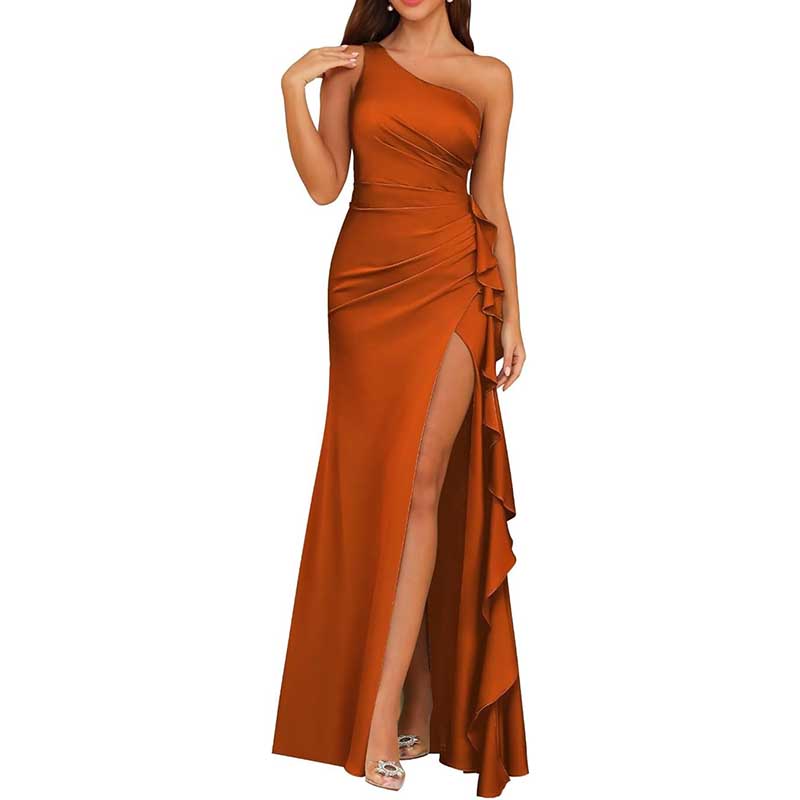 Single Shoulder Satin Bridesmaid Dress High Split Long Evening Dresses