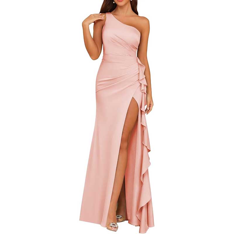 Single Shoulder Satin Bridesmaid Dress High Split Long Evening Dresses