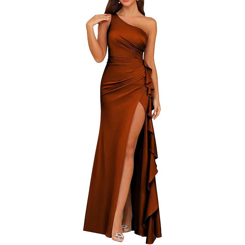 Single Shoulder Satin Bridesmaid Dress High Split Long Evening Dresses