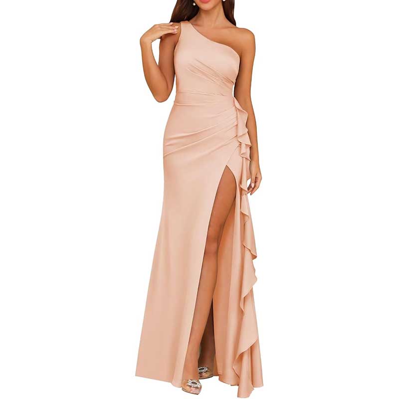 Single Shoulder Satin Bridesmaid Dress High Split Long Evening Dresses