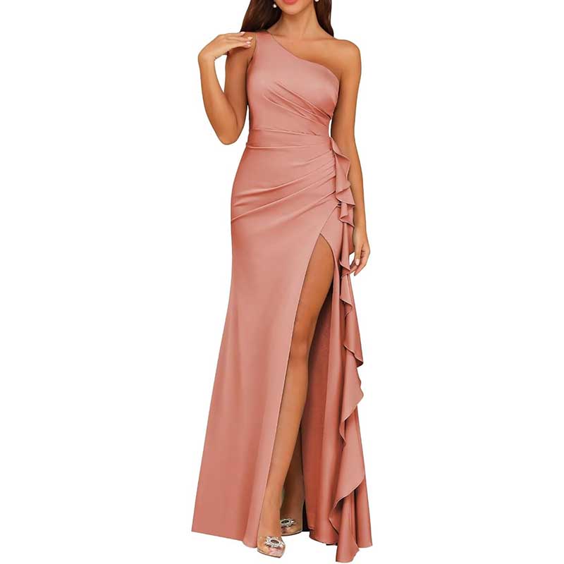 Single Shoulder Satin Bridesmaid Dress High Split Long Evening Dresses