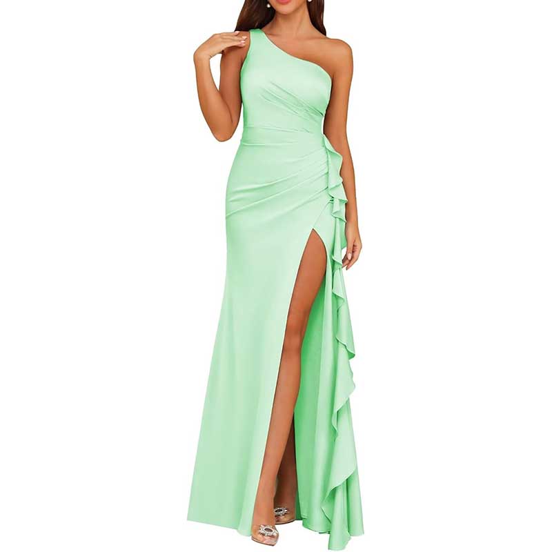 Single Shoulder Satin Bridesmaid Dress High Split Long Evening Dresses