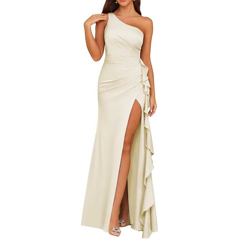 Single Shoulder Satin Bridesmaid Dress High Split Long Evening Dresses