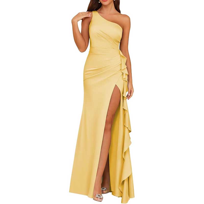 Single Shoulder Satin Bridesmaid Dress High Split Long Evening Dresses
