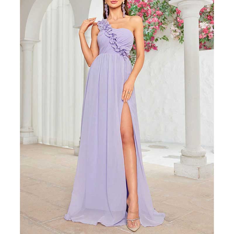 One Shoulder High Split Bridesmaid Dress Lavender Event Dress