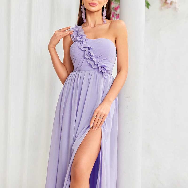 One Shoulder High Split Bridesmaid Dress Lavender Event Dress