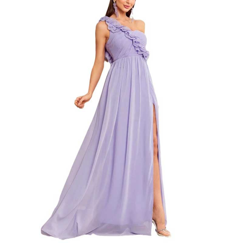 One Shoulder High Split Bridesmaid Dress Lavender Event Dress