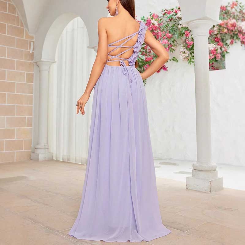 One Shoulder High Split Bridesmaid Dress Lavender Event Dress