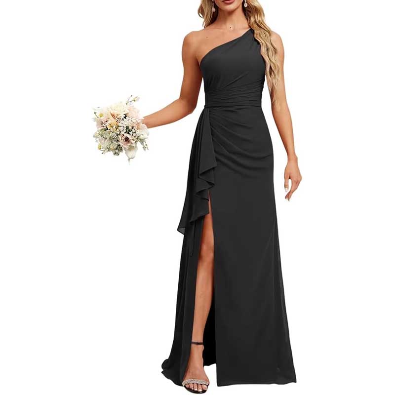One Shoulder Long Bridesmaid Dresses High Split Prom Dresses