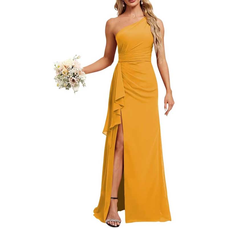 One Shoulder Long Bridesmaid Dresses High Split Prom Dresses