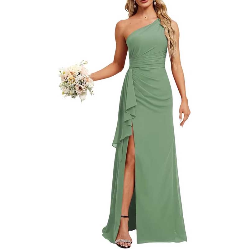 One Shoulder Long Bridesmaid Dresses High Split Prom Dresses