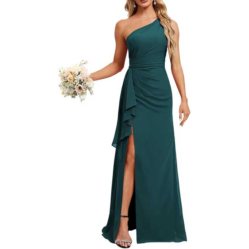 One Shoulder Long Bridesmaid Dresses High Split Prom Dresses