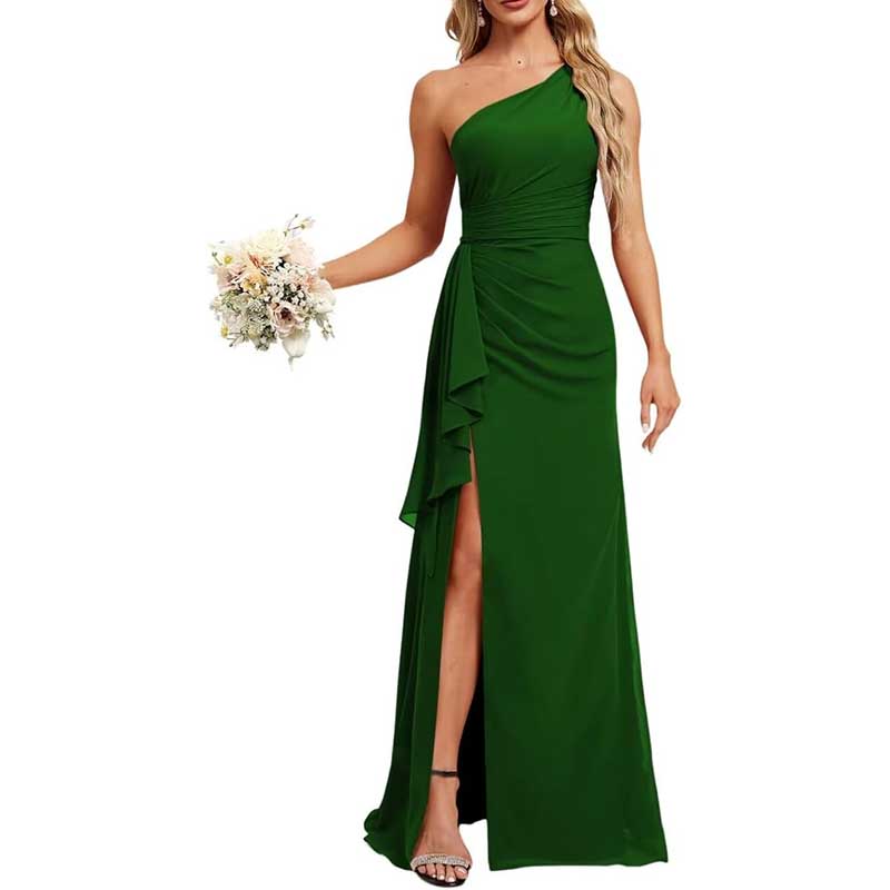 One Shoulder Long Bridesmaid Dresses High Split Prom Dresses