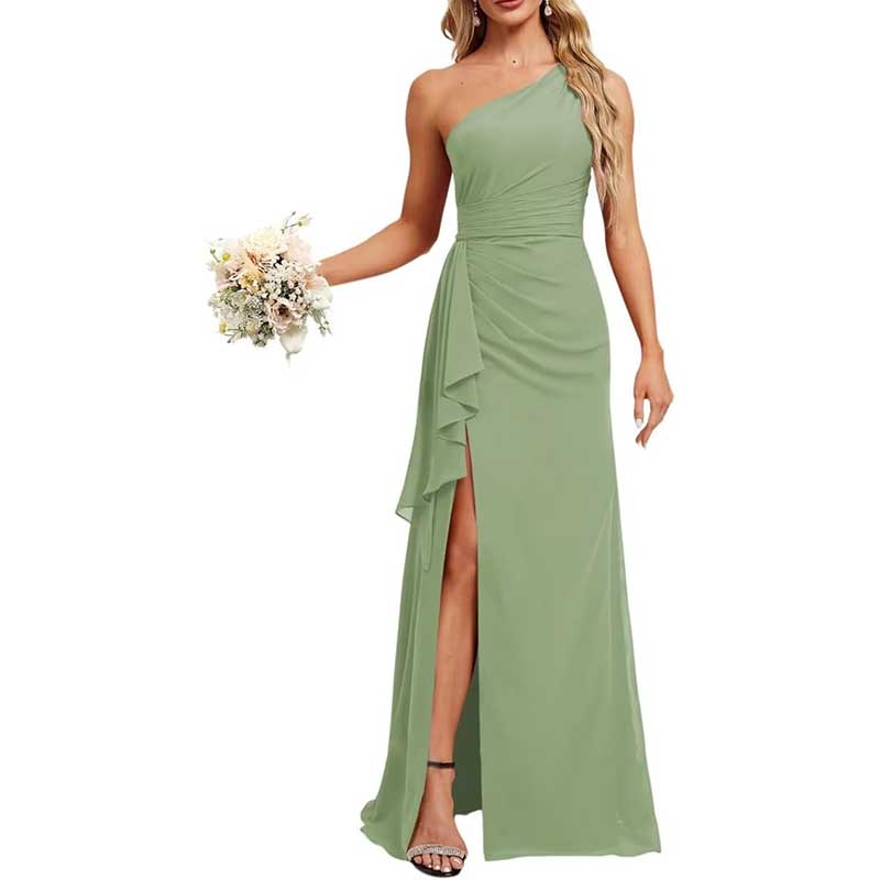 One Shoulder Long Bridesmaid Dresses High Split Prom Dresses