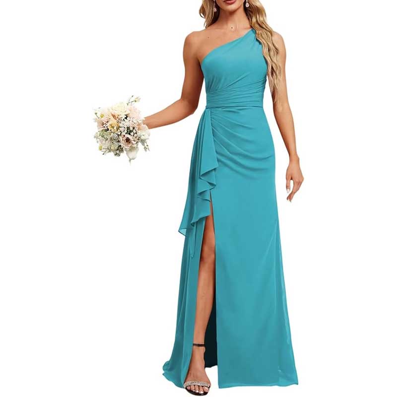 One Shoulder Long Bridesmaid Dresses High Split Prom Dresses