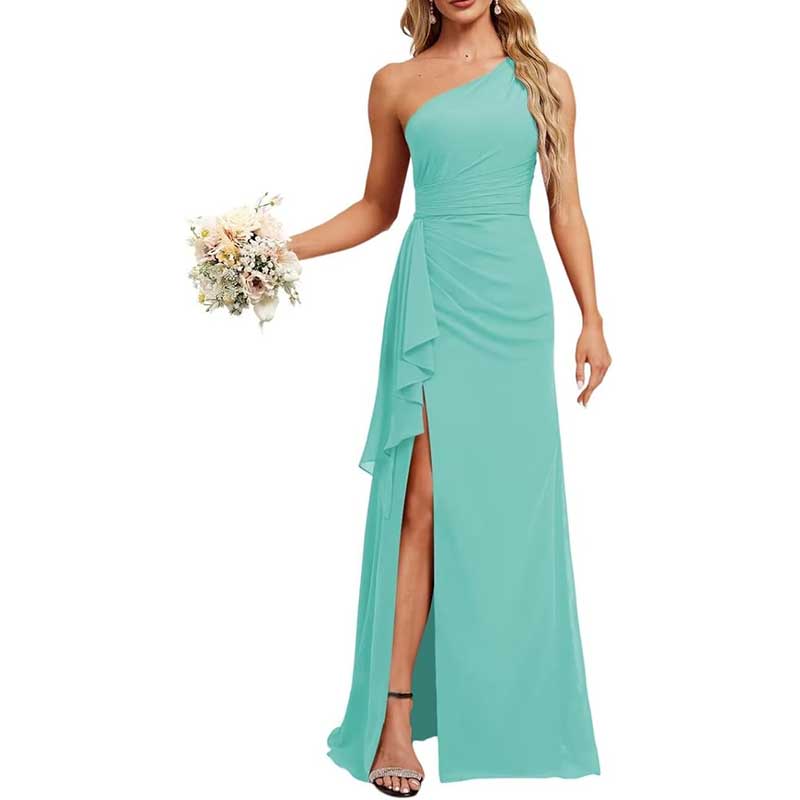 One Shoulder Long Bridesmaid Dresses High Split Prom Dresses