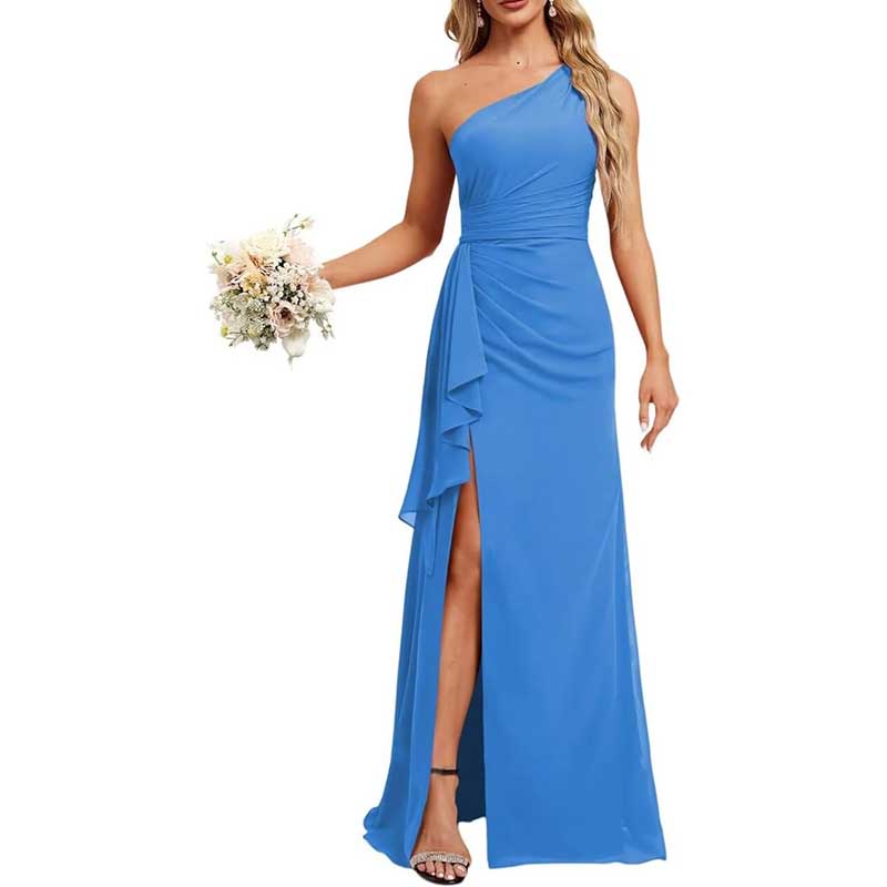 One Shoulder Long Bridesmaid Dresses High Split Prom Dresses